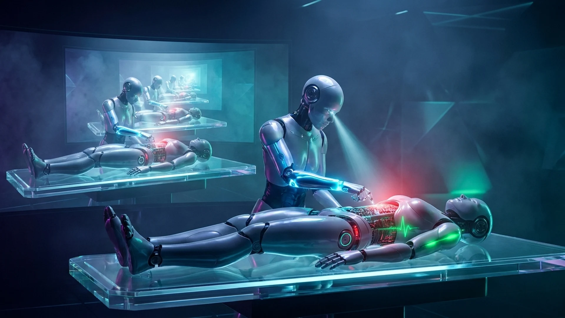 A durable AI agent repairing another AI agent on an operating table, the same scene recursing infinitely into the screen behind it